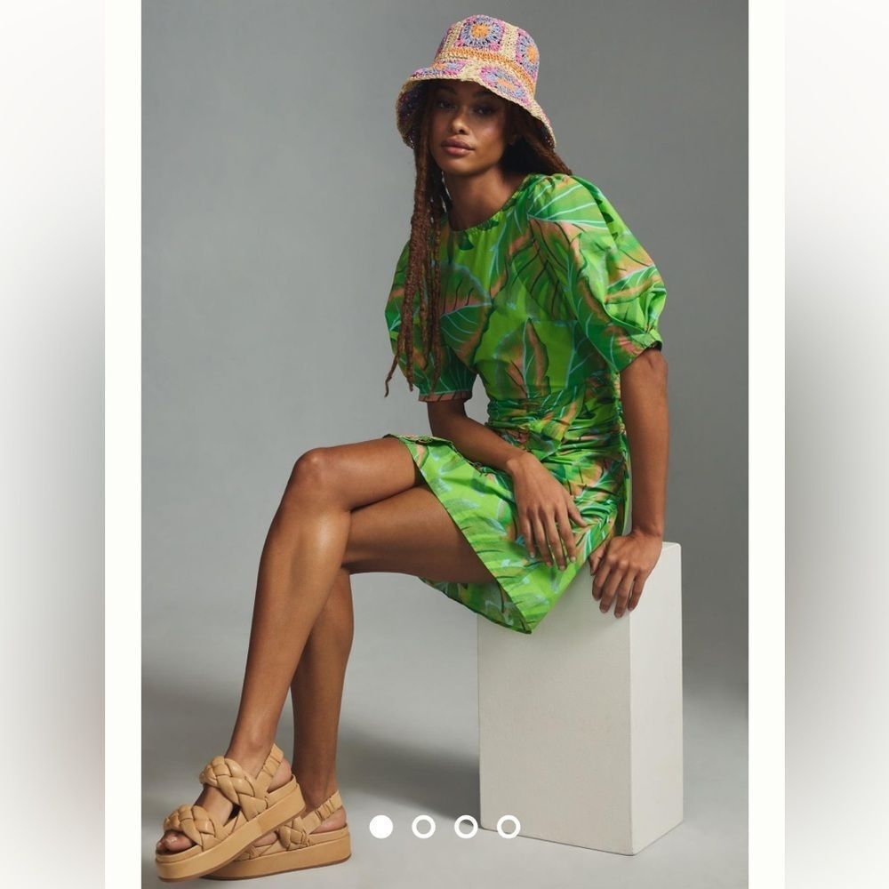 Farm Rio size Medium Anthropologie Lime Green Puff Sleeve Mini Dress Tropical